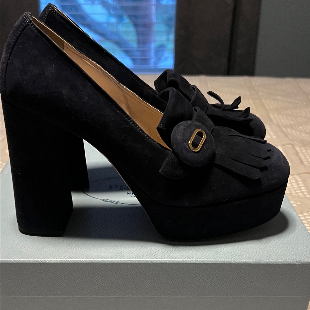 Prada Black Suede Platform Heels with Fringe - Picture 5 of 16